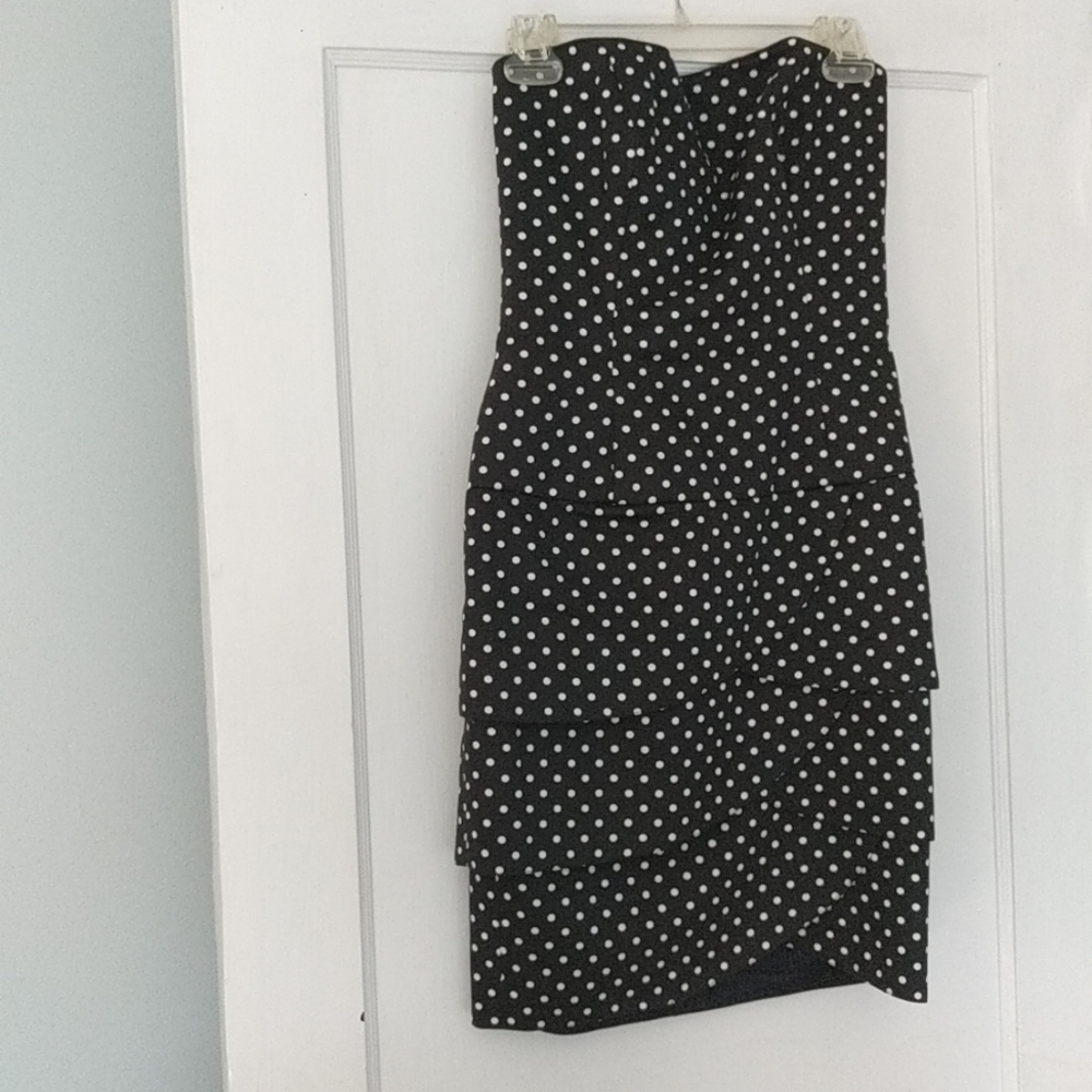 Vintage Black with White Polka Dots, Strapless Dress. Size 8, Brand: AJ Bari